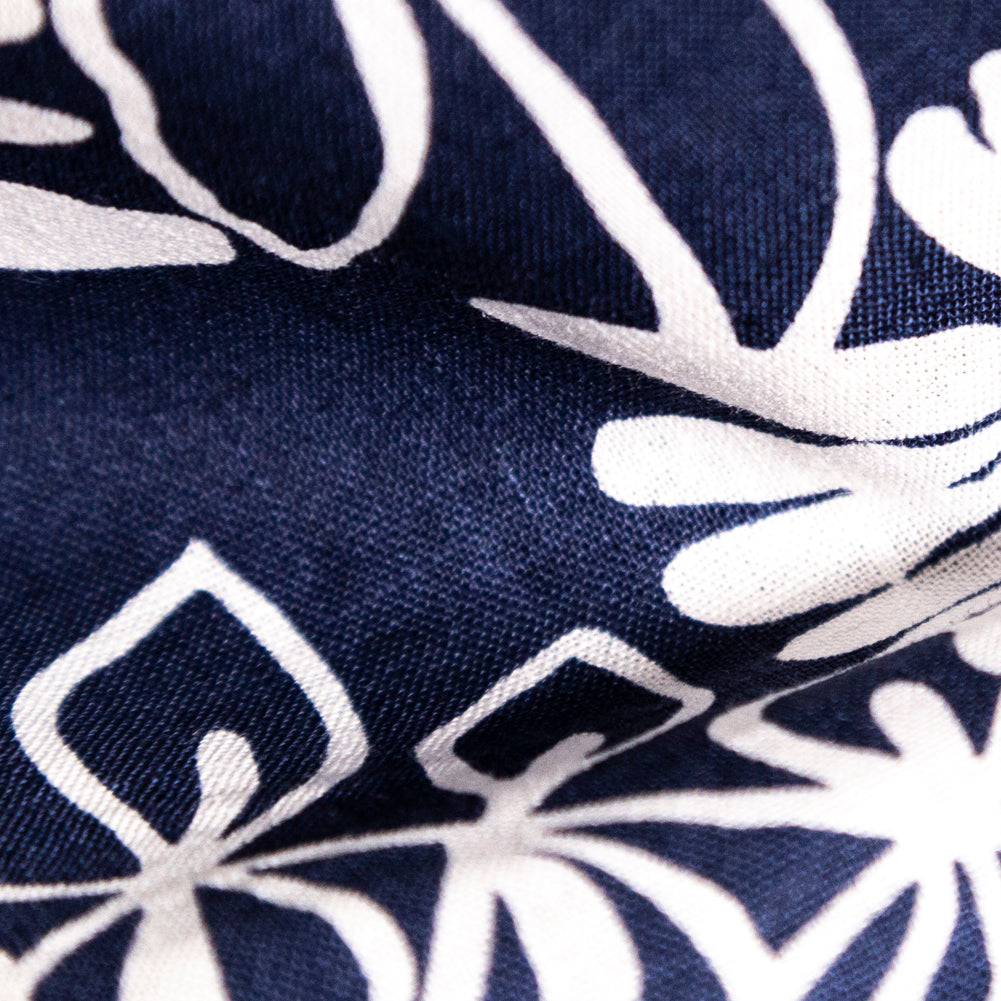 Denim and White Floral Printed Linen Woven Detail Denim and White Floral Printed Linen Woven Detail