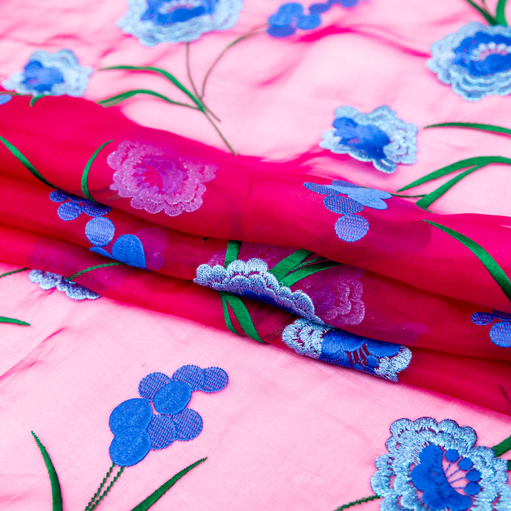 Carolina Herrera Cerise and Metallic Blue Floral Embroidered Silk Organza Folded Carolina Herrera Cerise and Metallic Blue Floral Embroidered Silk Organza Folded