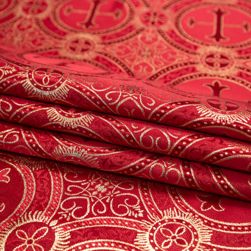 Red and Metallic Gold Ecclesiastical Medallion Jacquard Detail Red and Metallic Gold Ecclesiastical Medallion Jacquard Detail