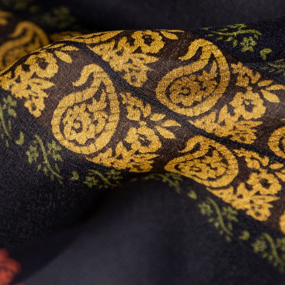 Mustard and Black Paisley and Square Striped Silk Chiffon Detail Mustard and Black Paisley and Square Striped Silk Chiffon Detail