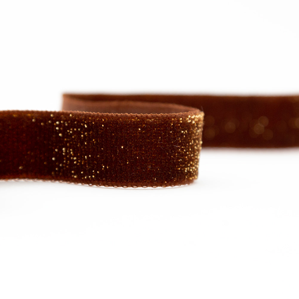 Italian Brownie and Gold Glitter Velvet Ribbon - 0.625" Detail Italian Brownie and Gold Glitter Velvet Ribbon - 0.625" Detail