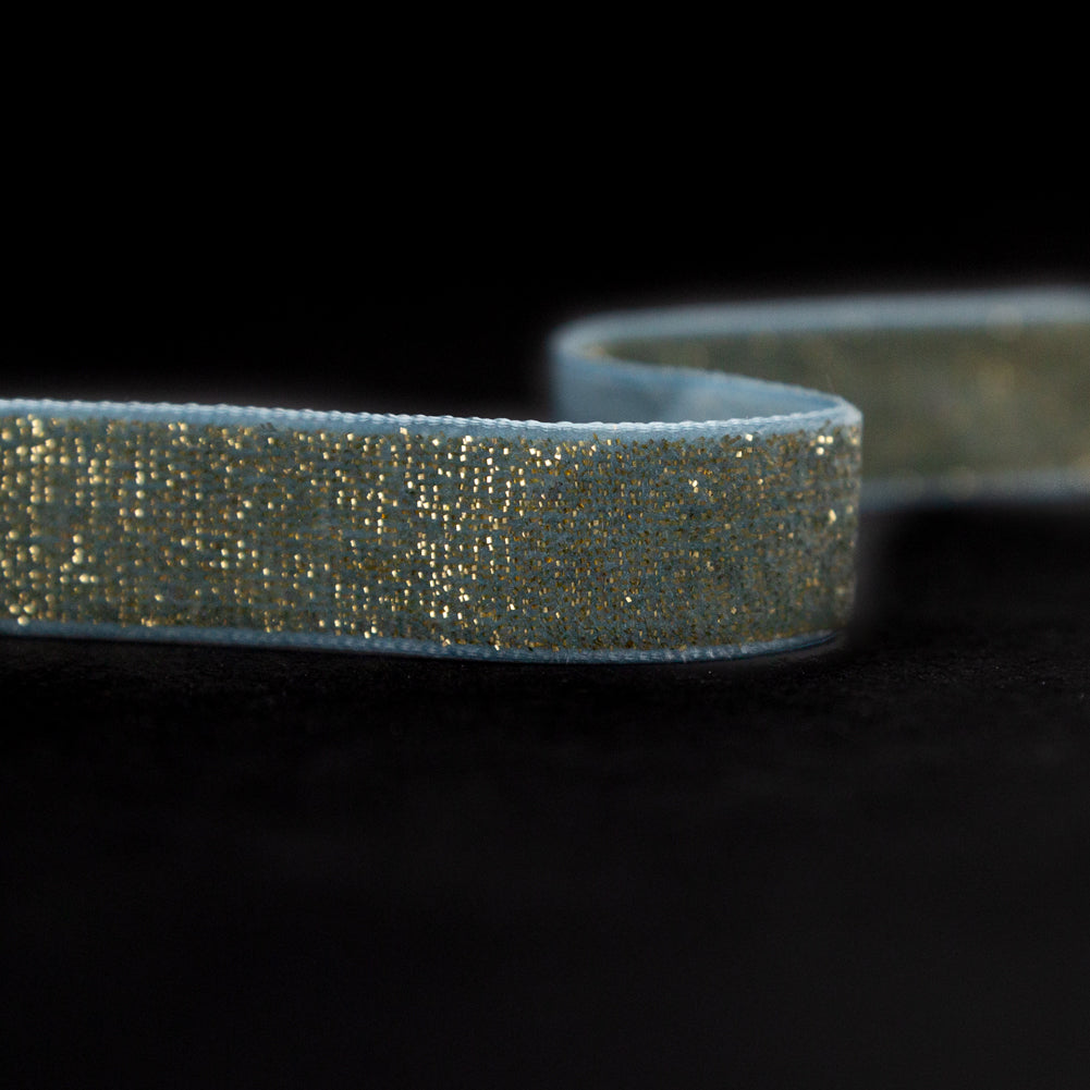 Italian Trooper Teal and Gold Glitter Velvet Ribbon - 0.625" Detail Italian Trooper Teal and Gold Glitter Velvet Ribbon - 0.625" Detail