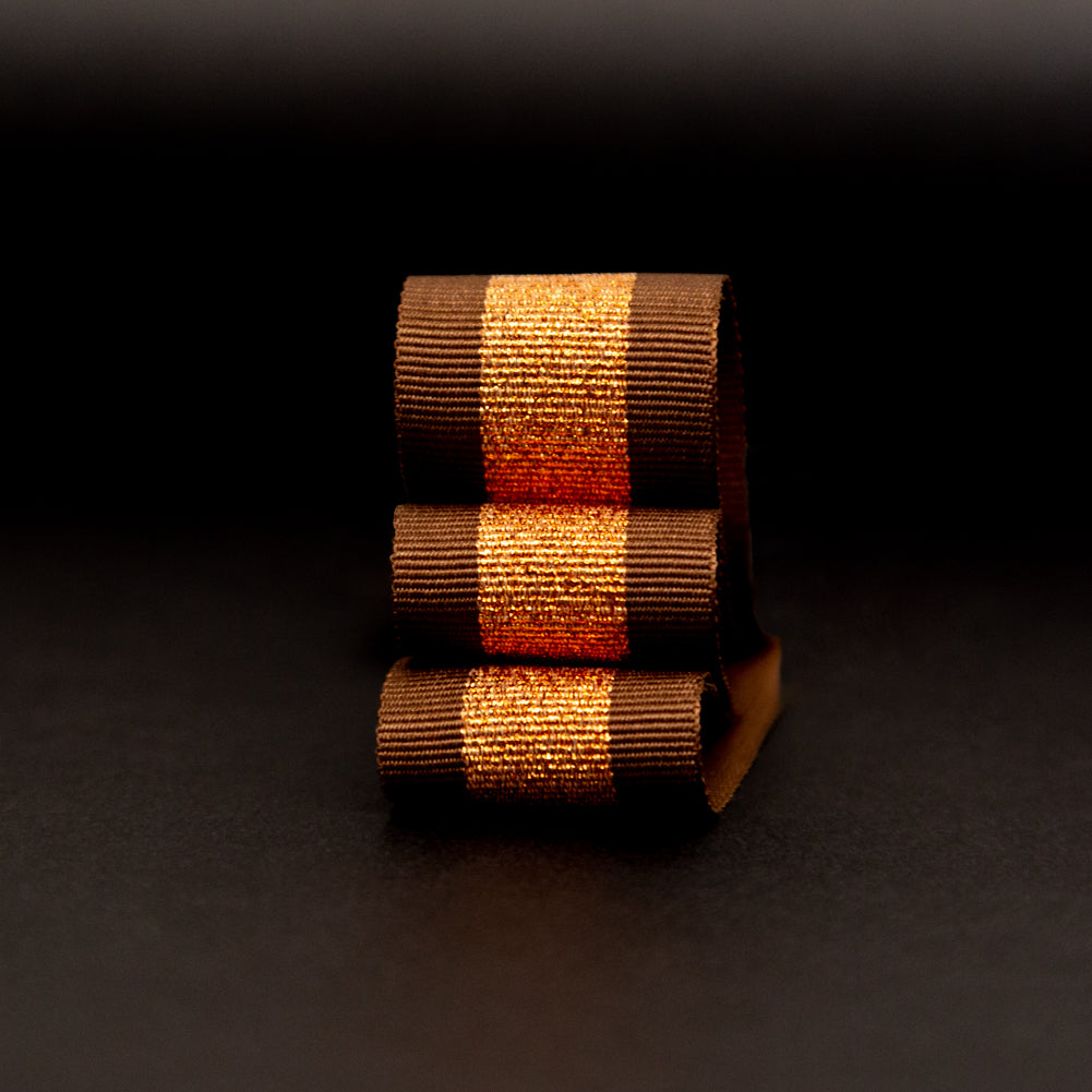 Italian Metallic Copper and Brown Striped Grosgrain Ribbon - 1" Detail Italian Metallic Copper and Brown Striped Grosgrain Ribbon - 1" Detail