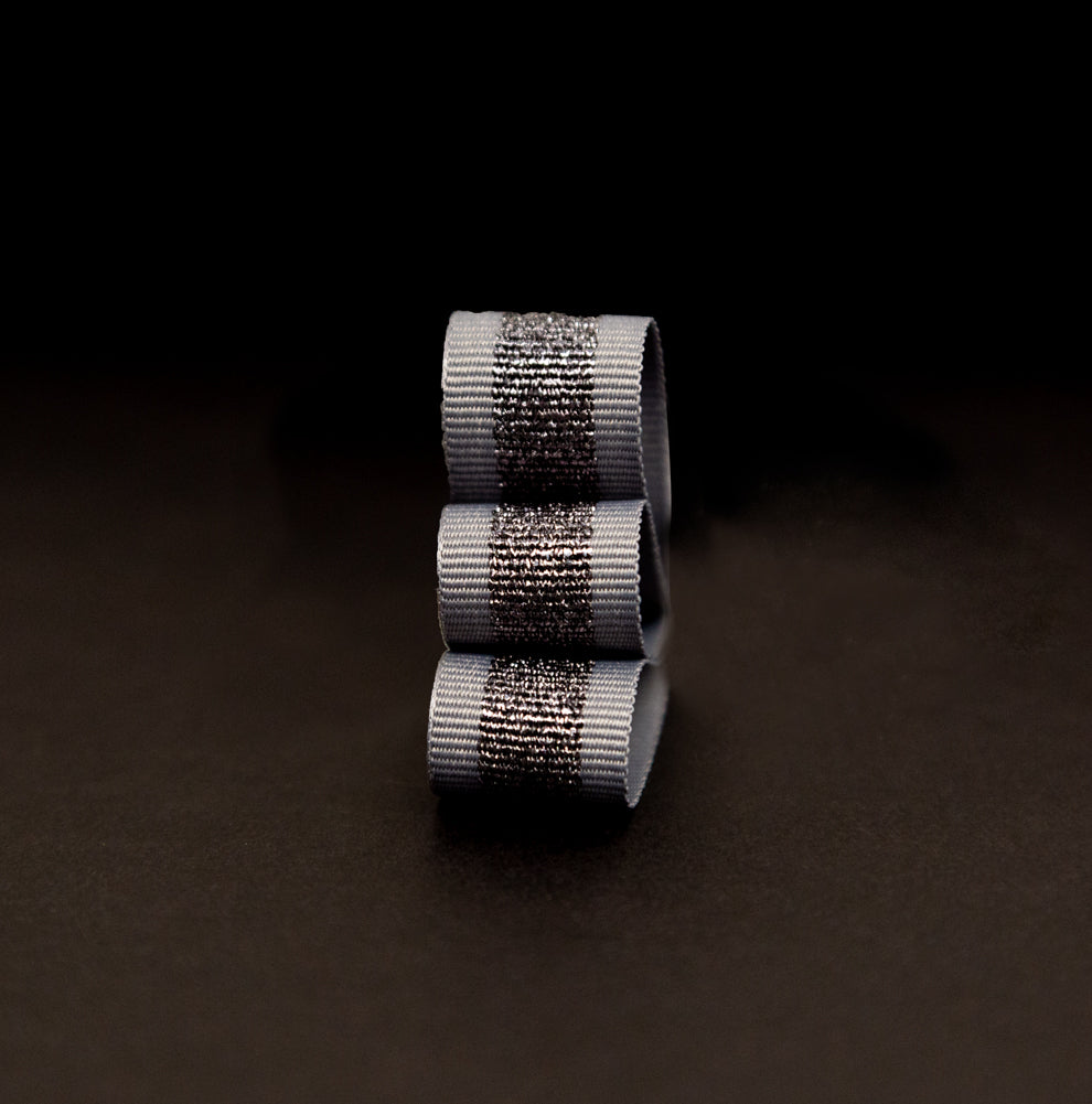 Italian Metallic Gunmetal and Gray Striped Grosgrain Ribbon - 0.625" Detail Italian Metallic Gunmetal and Gray Striped Grosgrain Ribbon - 0.625" Detail