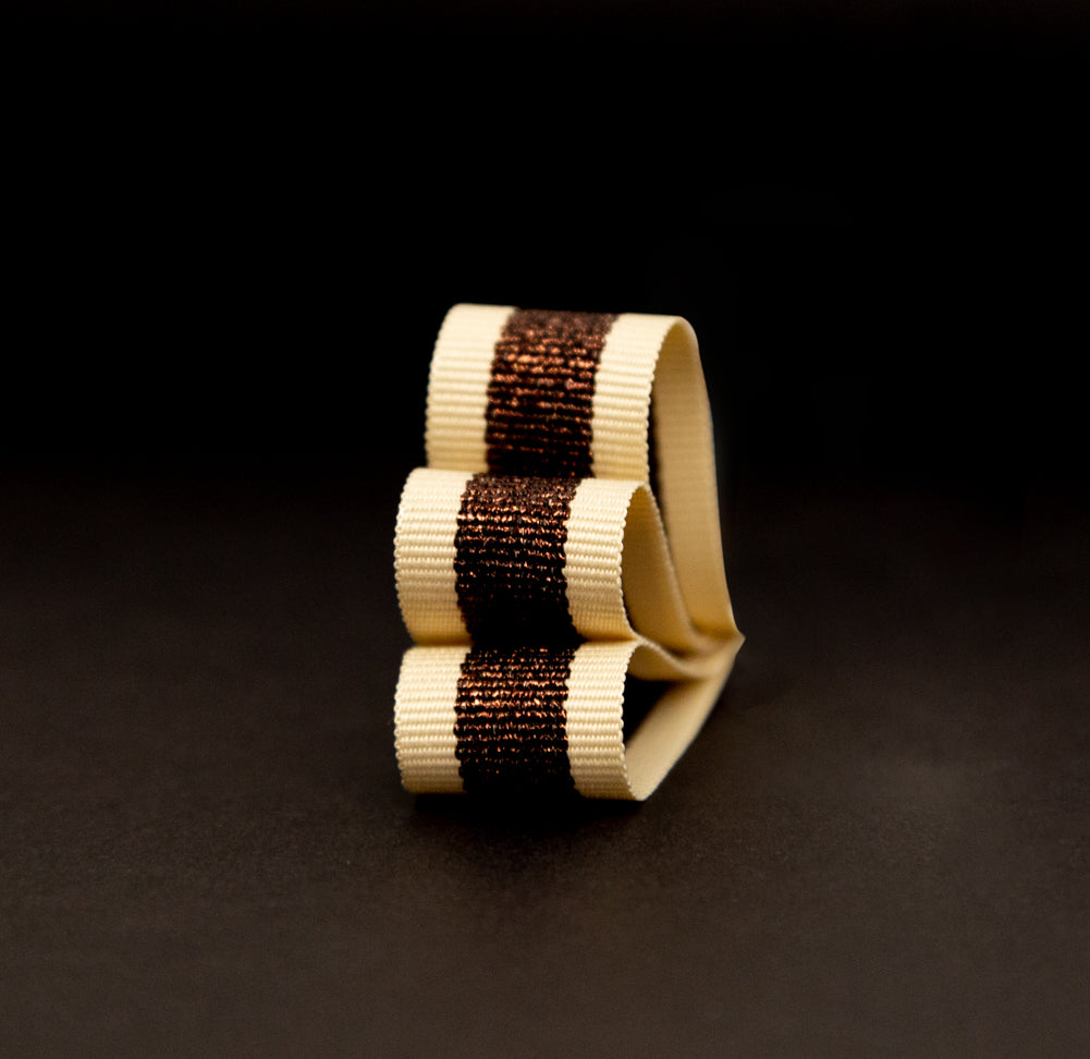 Italian Metallic Dark Copper and Tan Striped Grosgrain Ribbon - 0.625" Detail Italian Metallic Dark Copper and Tan Striped Grosgrain Ribbon - 0.625" Detail