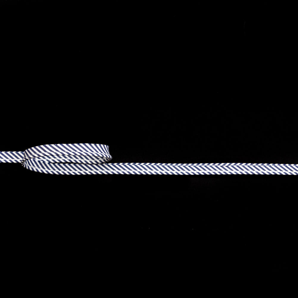 Italian White and Navy Striped Bias Piping Cord with Lip - 0.375" Italian White and Navy Striped Bias Piping Cord with Lip - 0.375"
