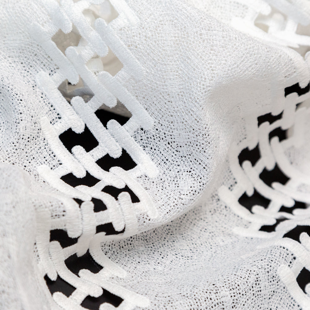 Polyester Lace with Finished Edges - White Lattice Stripes Detail Polyester Lace with Finished Edges - White Lattice Stripes Detail