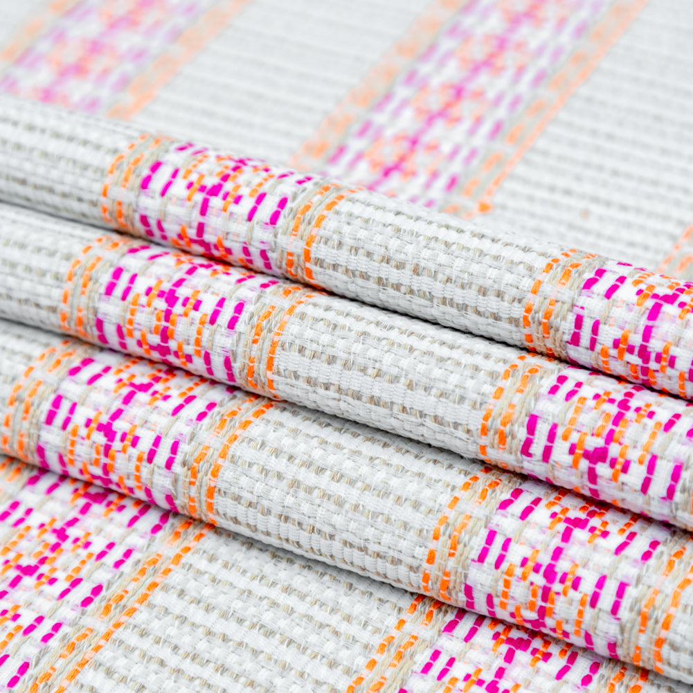 Magenta, Orange and Beige Awning Striped Cotton Tweed Folded Magenta, Orange and Beige Awning Striped Cotton Tweed Folded