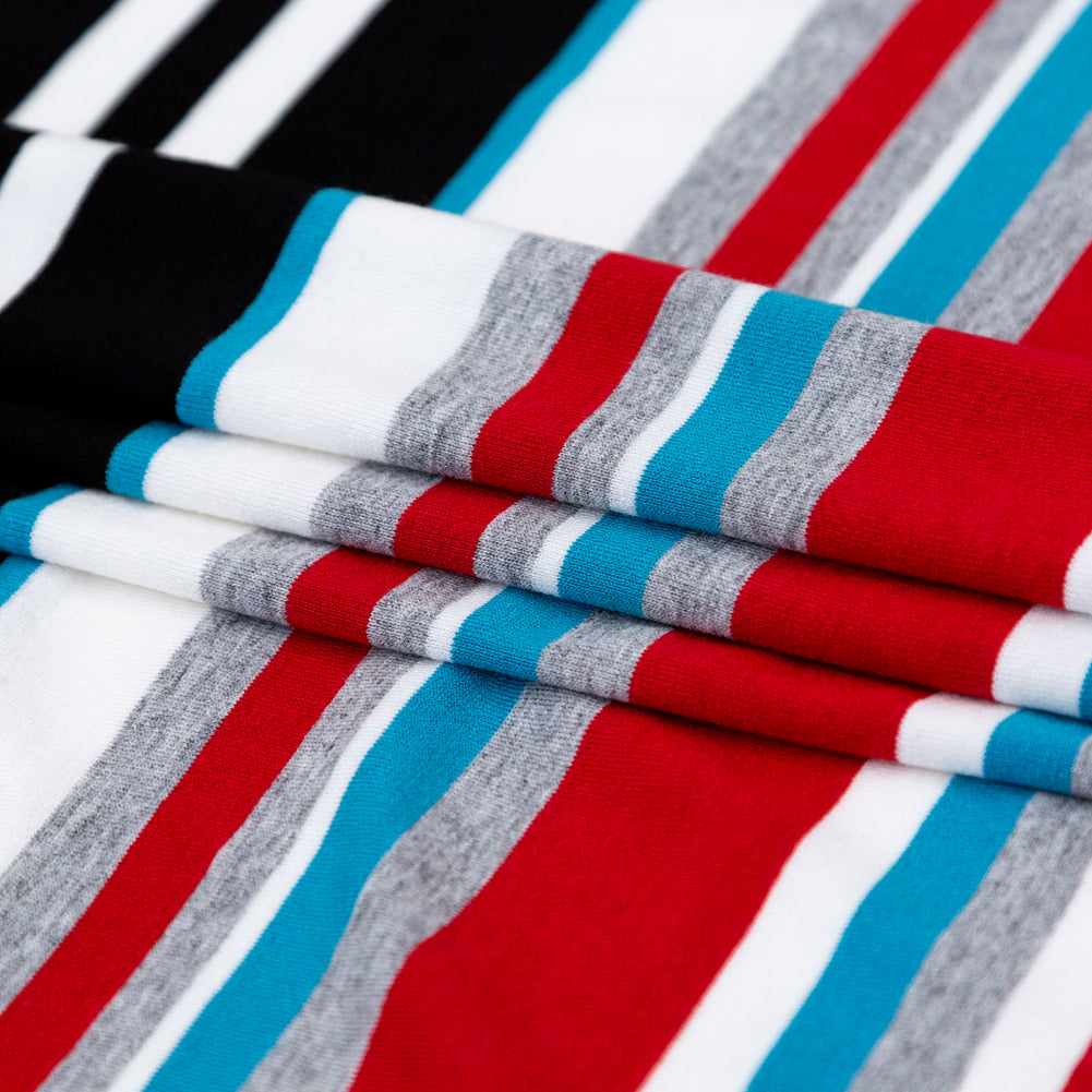 Very Cherry, Black and River Blue Barcode Striped Rayon Jersey Folded Very Cherry, Black and River Blue Barcode Striped Rayon Jersey Folded