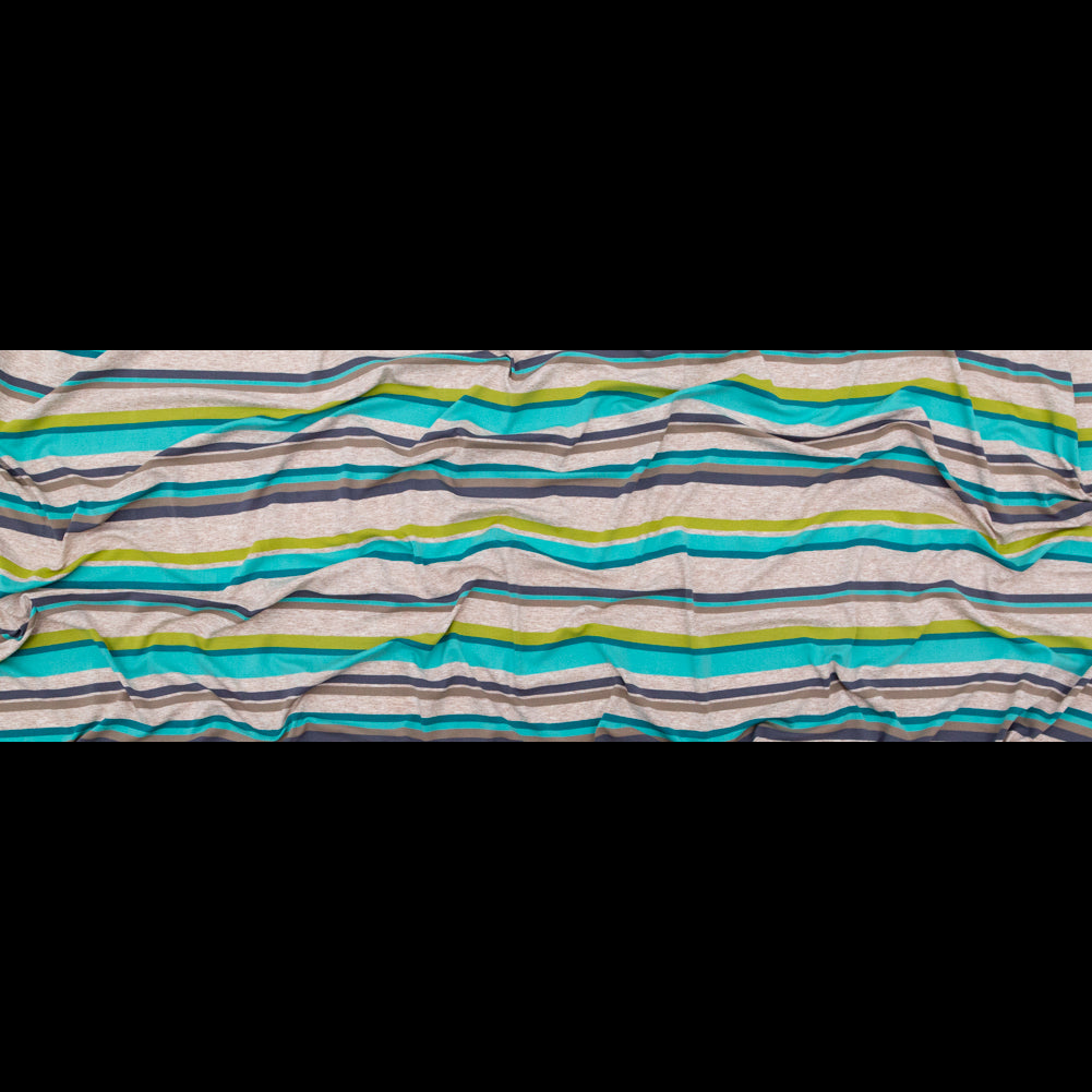 Turquoise, Lime and Taupe Barcode Striped Rayon Jersey Full Turquoise, Lime and Taupe Barcode Striped Rayon Jersey Full
