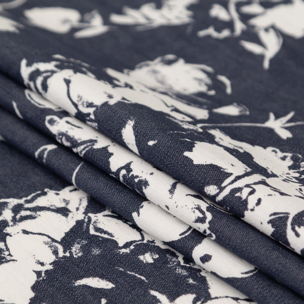 Italian Denim and Vaporous Gray Floral Stretch Cotton Twill Folded Italian Denim and Vaporous Gray Floral Stretch Cotton Twill Folded