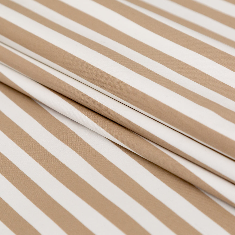 Warm Beige and Ivory Bengal Striped Stretch Polyester Twill Folded Warm Beige and Ivory Bengal Striped Stretch Polyester Twill Folded