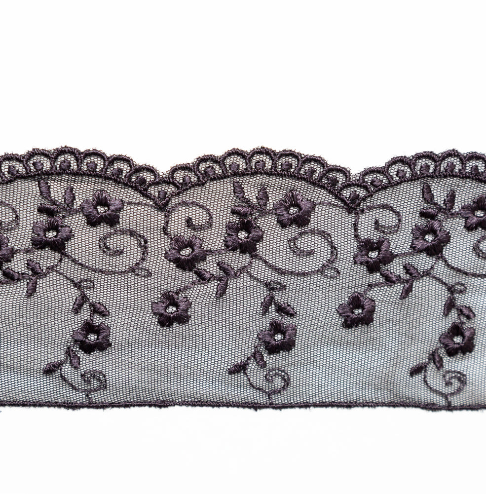 European Black Floral Embroidered Lace Trim - 3.5" Detail