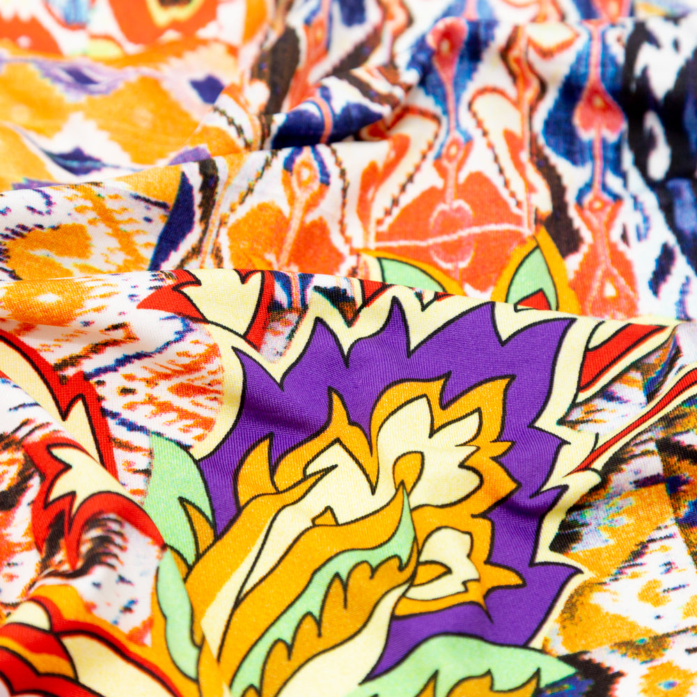 Orange Abstract Ikat and Floral Stretch Polyester Jersey Detail Orange Abstract Ikat and Floral Stretch Polyester Jersey Detail