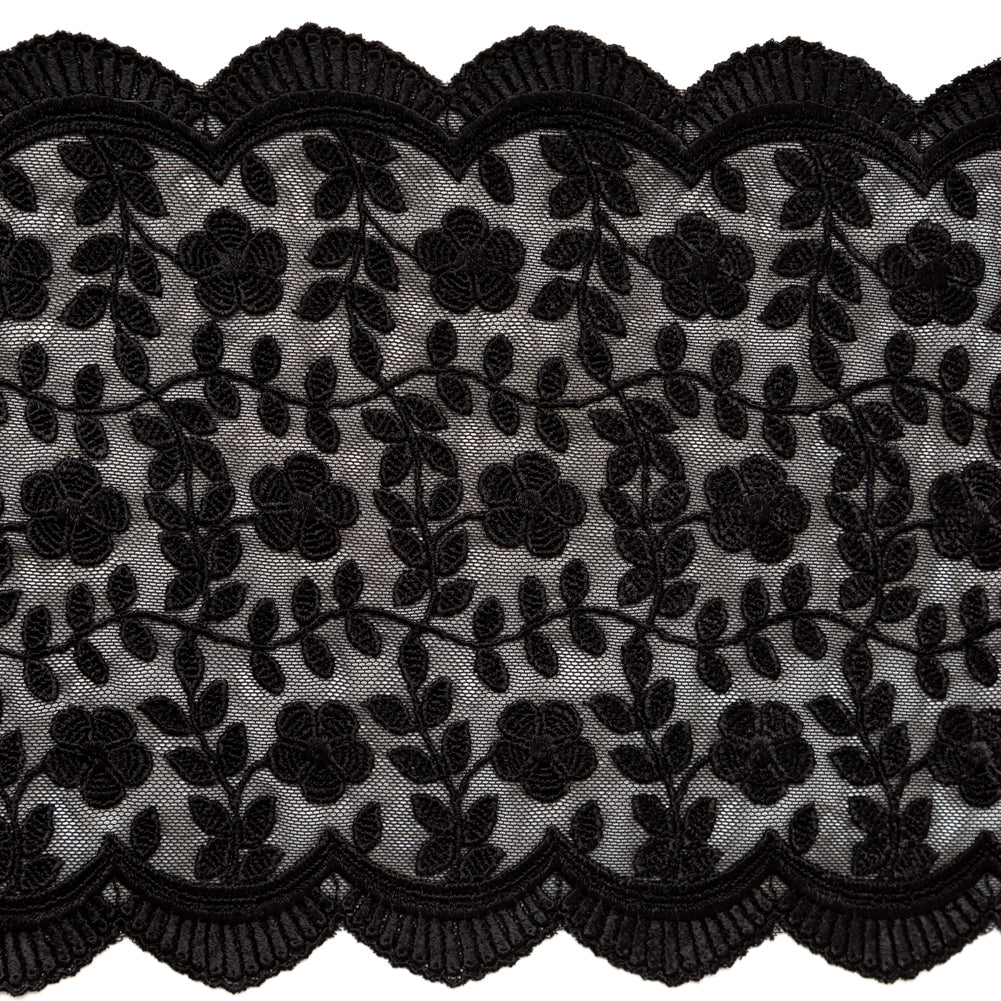 European Black Floral Embroidered Stretch Scalloped Lace Trim - 8" Detail European Black Floral Embroidered Stretch Scalloped Lace Trim - 8" Detail