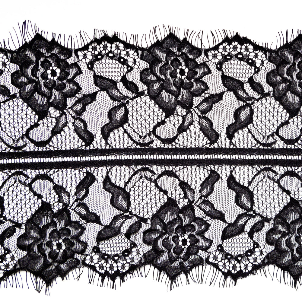 European Black Floral Scalloped Eyelash Lace Trim - 7.75" Detail European Black Floral Scalloped Eyelash Lace Trim - 7.75" Detail