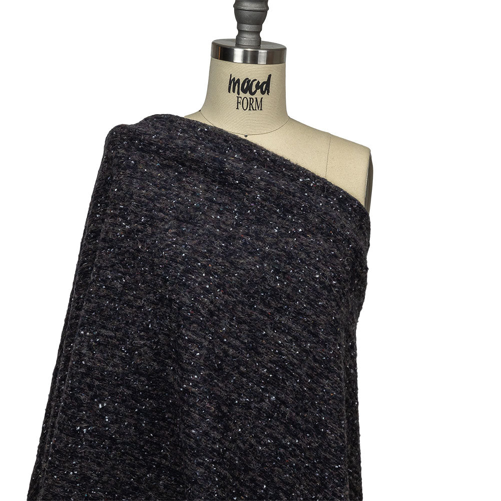 Italian Navy, Gray and White Speckled and Striated Fuzzy Blended Wool Sweater Knit Drape Italian Navy, Gray and White Speckled and Striated Fuzzy Blended Wool Sweater Knit Drape