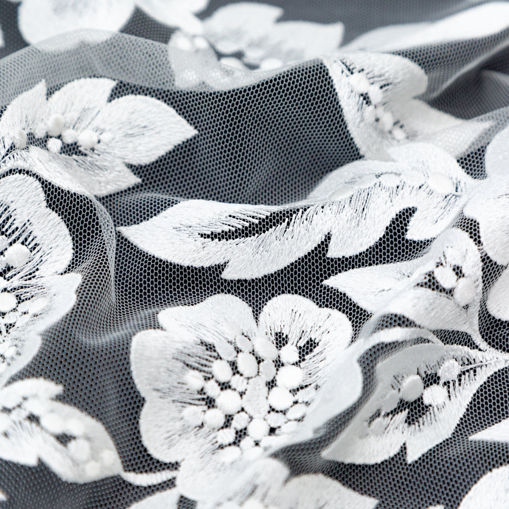 Embroidered Lace - White Floral on Ivory Detail Embroidered Lace - White Floral on Ivory Detail