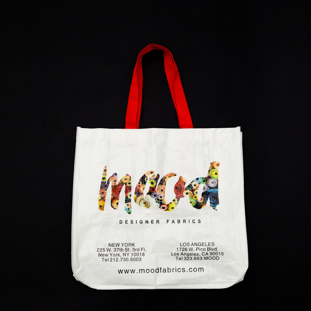 Mood Designer Fabrics White Bolt Tote Bag with Red Handles Mood Designer Fabrics White Bolt Tote Bag with Red Handles