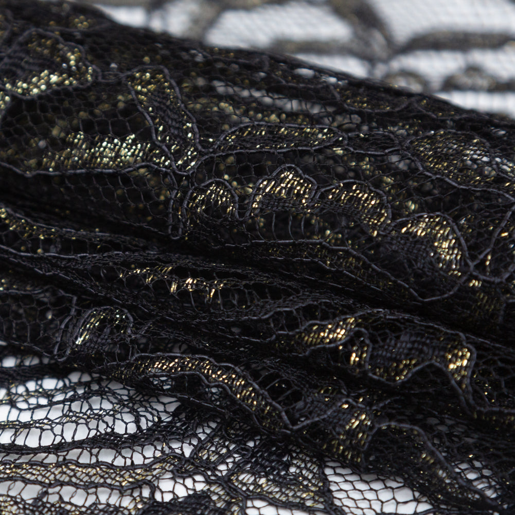 Stretch Corded Chantilly Lace - Metallic Gold and Black Paisley Folded Stretch Corded Chantilly Lace - Metallic Gold and Black Paisley Folded
