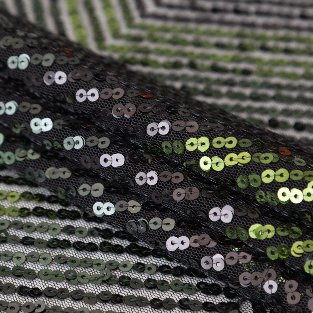 Tulle with Baby Sequins - Gradient Green Zig Zag on Black Detail Tulle with Baby Sequins - Gradient Green Zig Zag on Black Detail