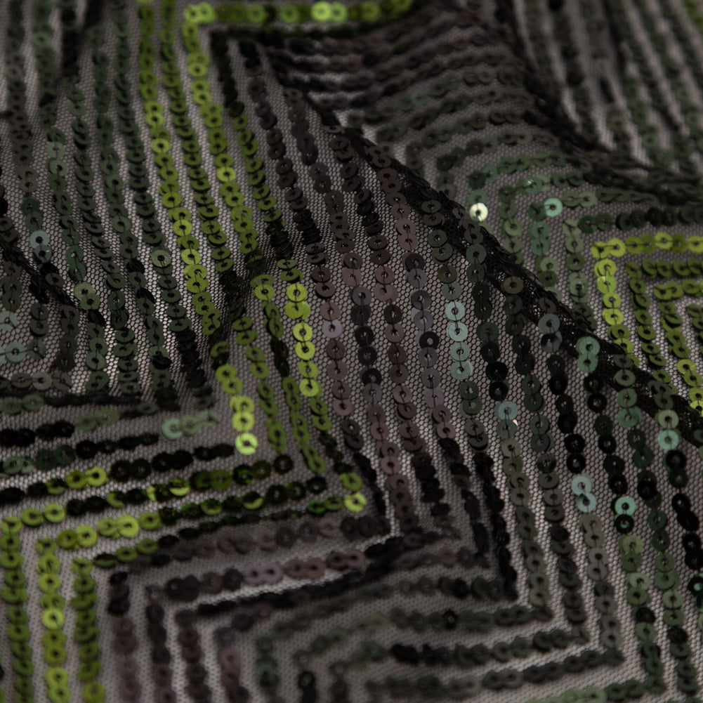 Tulle with Baby Sequins - Gradient Green Zig Zag on Black Full Tulle with Baby Sequins - Gradient Green Zig Zag on Black Full