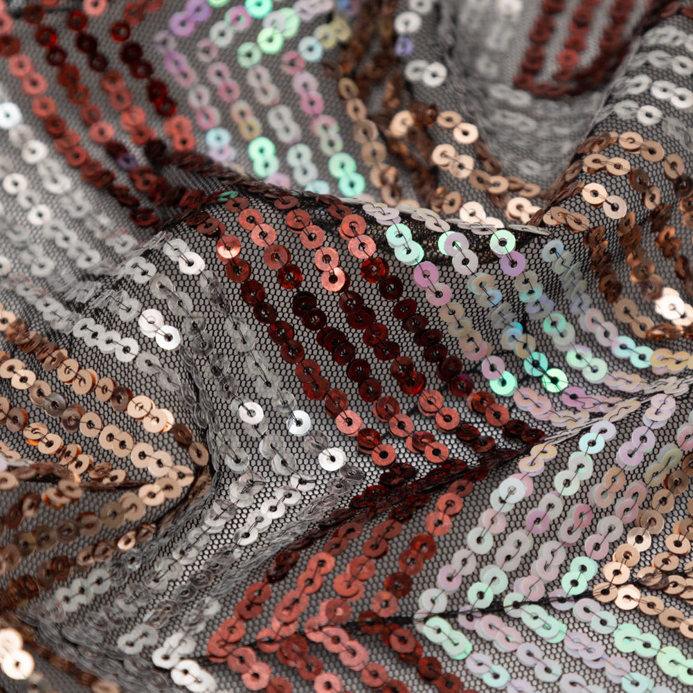 Tulle with Baby Sequins - Iridescent Pink, Rust, Rose Gold and Silver Zig Zag on Black Full Tulle with Baby Sequins - Iridescent Pink, Rust, Rose Gold and Silver Zig Zag on Black Full