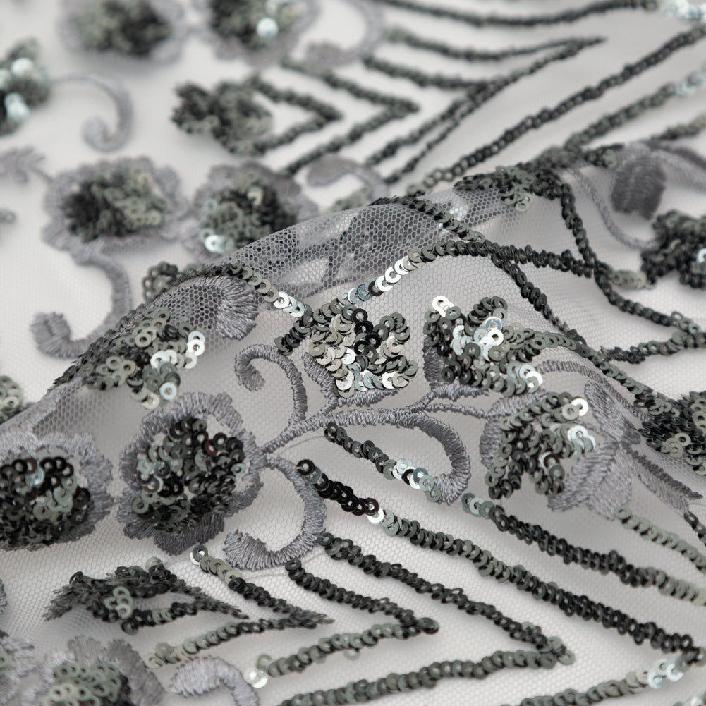 Silver Floral Border Embroidered and Sequined Lace with Finished Edges Detail Silver Floral Border Embroidered and Sequined Lace with Finished Edges Detail