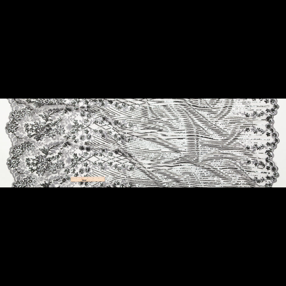 Silver Floral Border Embroidered and Sequined Lace with Finished Edges Full Silver Floral Border Embroidered and Sequined Lace with Finished Edges Full
