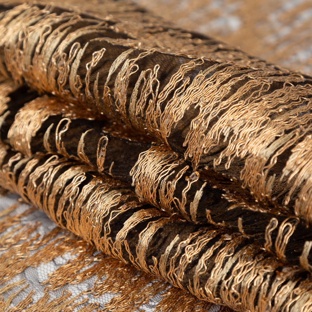 Embroidered Net Lace - Gold Flamestitch on Black Folded Embroidered Net Lace - Gold Flamestitch on Black Folded