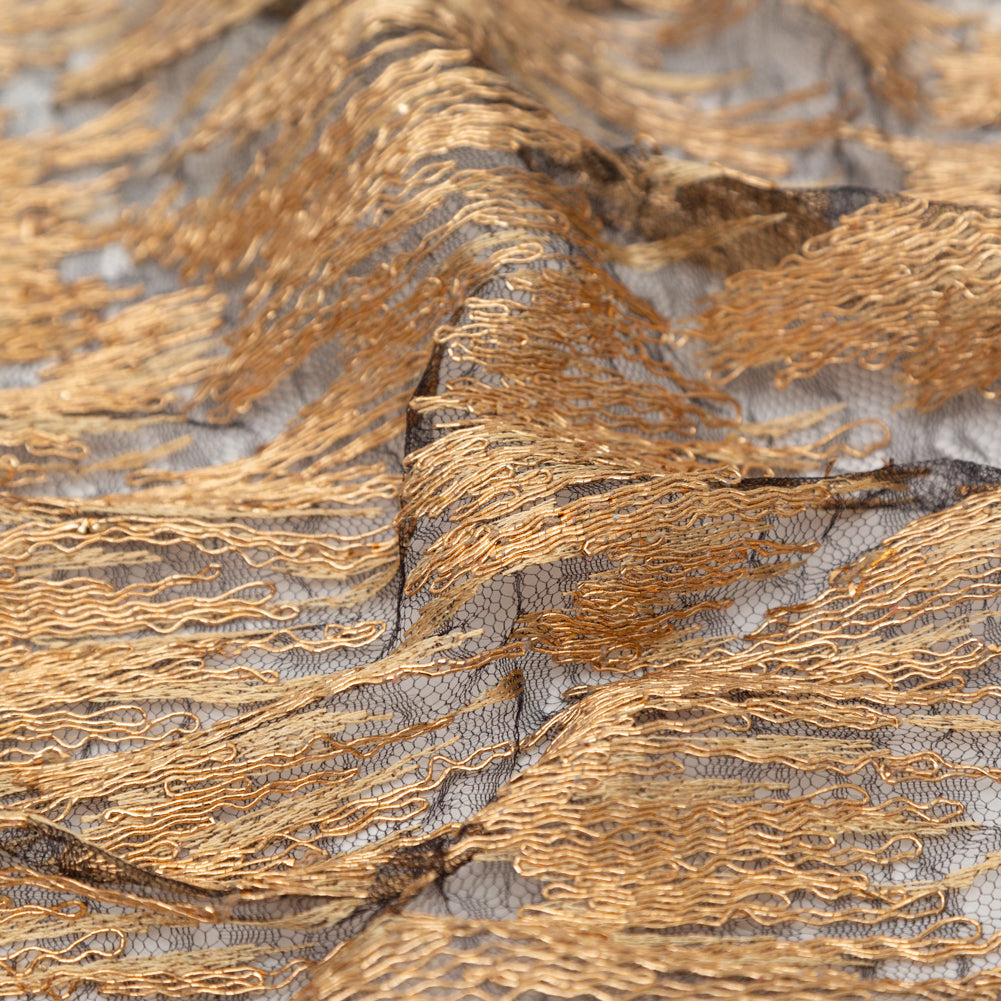 Embroidered Net Lace - Gold Flamestitch on Black Detail Embroidered Net Lace - Gold Flamestitch on Black Detail