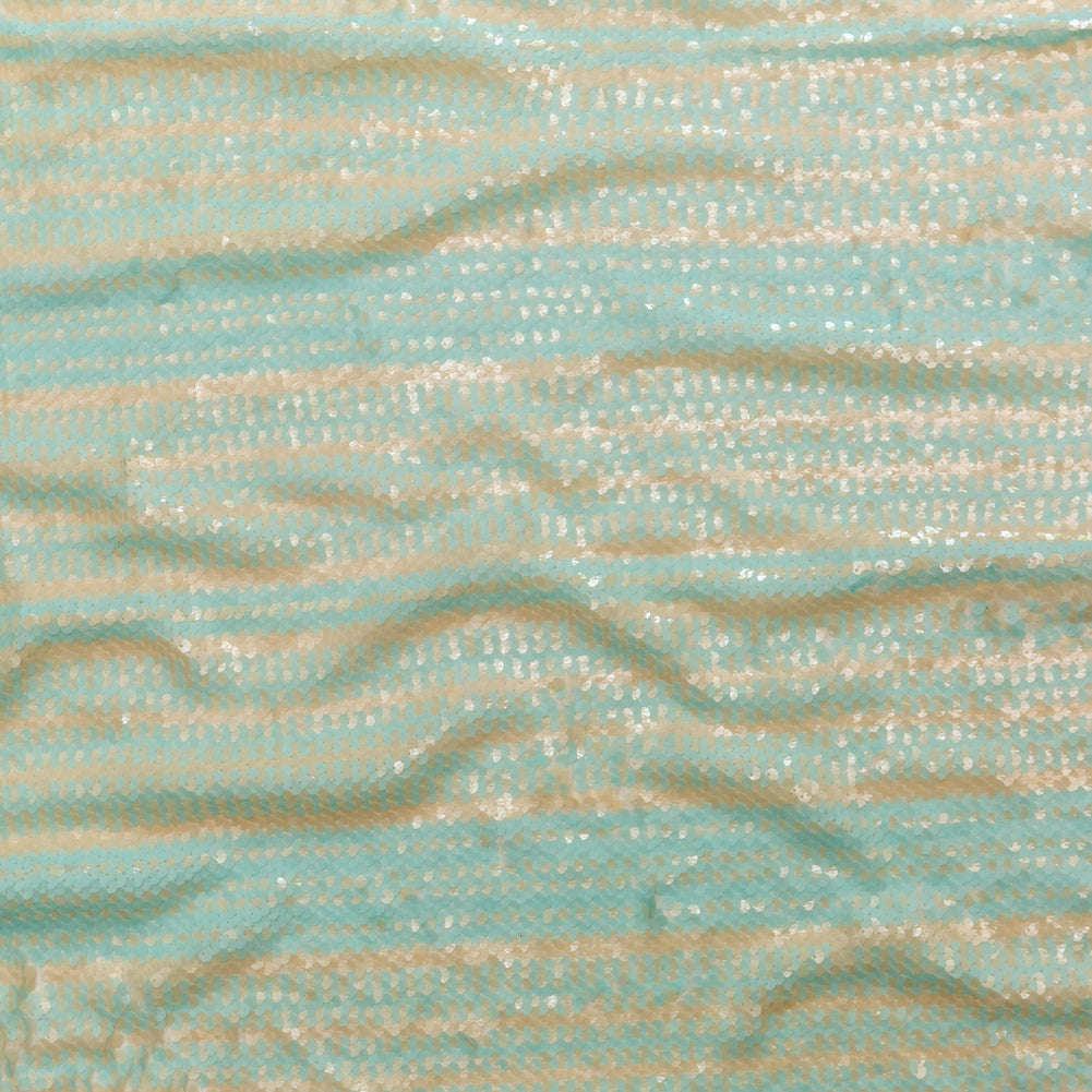 Mesh with Shell Sequins - Opal Blue and Almond Milk Stripes on White Mesh with Shell Sequins - Opal Blue and Almond Milk Stripes on White
