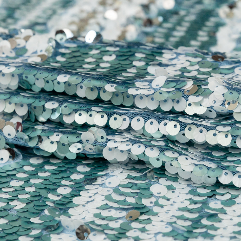 Mesh with Shell Sequins - Cerulean and White Stripes on Sky Blue Folded Mesh with Shell Sequins - Cerulean and White Stripes on Sky Blue Folded