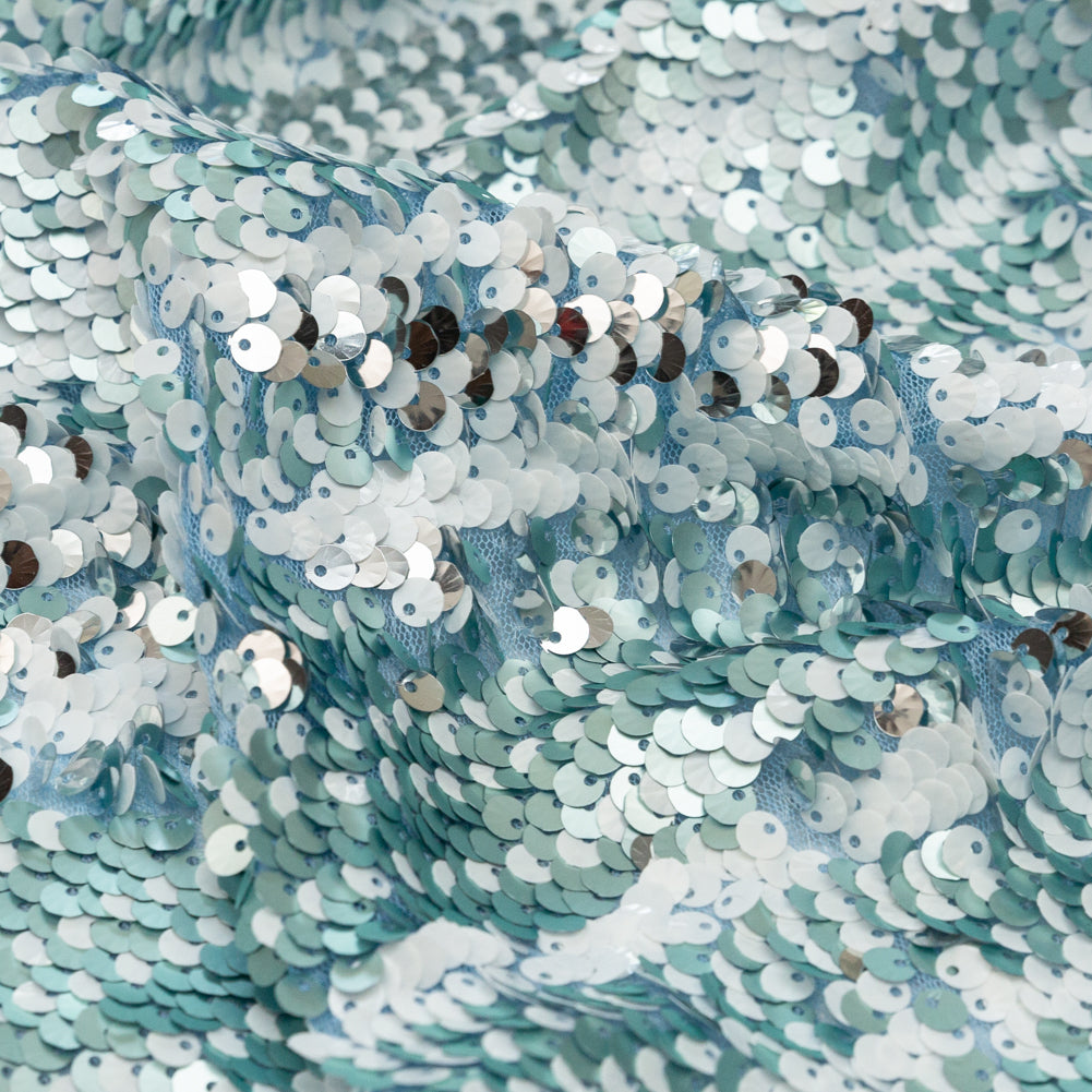 Mesh with Shell Sequins - Cerulean and White Stripes on Sky Blue Detail Mesh with Shell Sequins - Cerulean and White Stripes on Sky Blue Detail