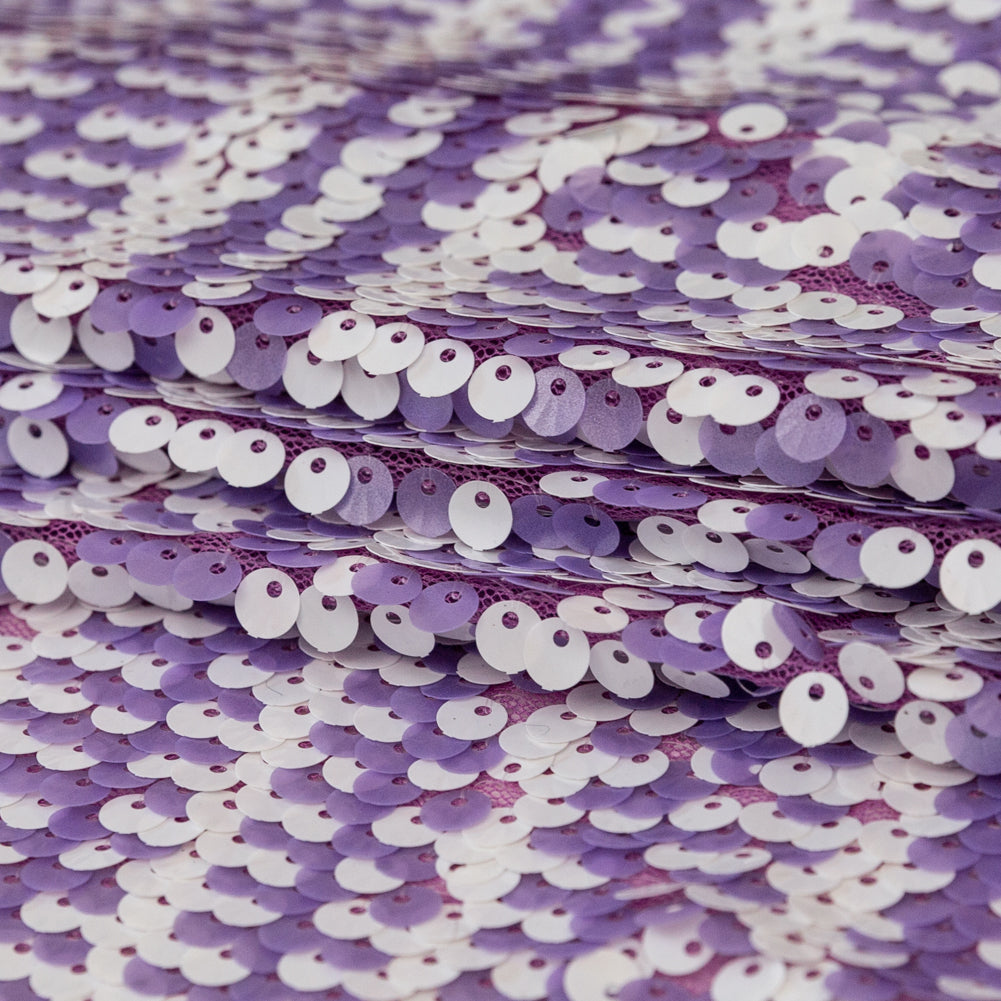 Mesh with Shell Sequins - Fuchsia Pink and White Stripes on Iris Orchid Folded Mesh with Shell Sequins - Fuchsia Pink and White Stripes on Iris Orchid Folded
