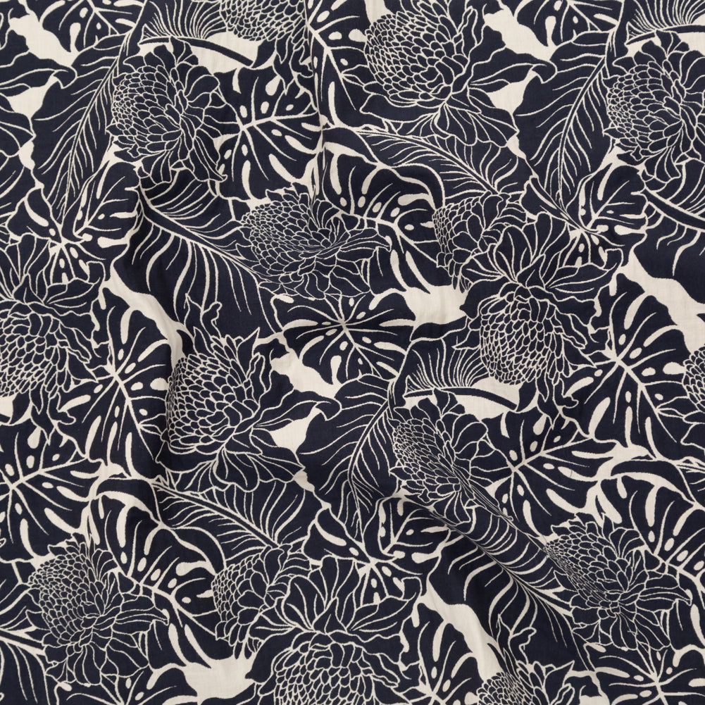 Italian Carbon Blue and Ecru Floral Cotton Jacquard Italian Carbon Blue and Ecru Floral Cotton Jacquard