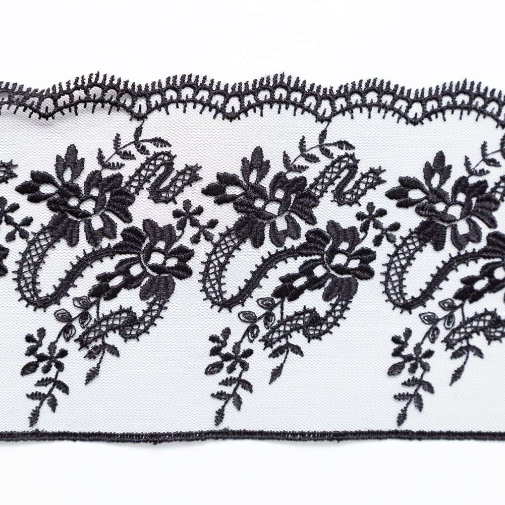 European Black Floral Embroidered Lace on Mesh - 4" Detail European Black Floral Embroidered Lace on Mesh - 4" Detail