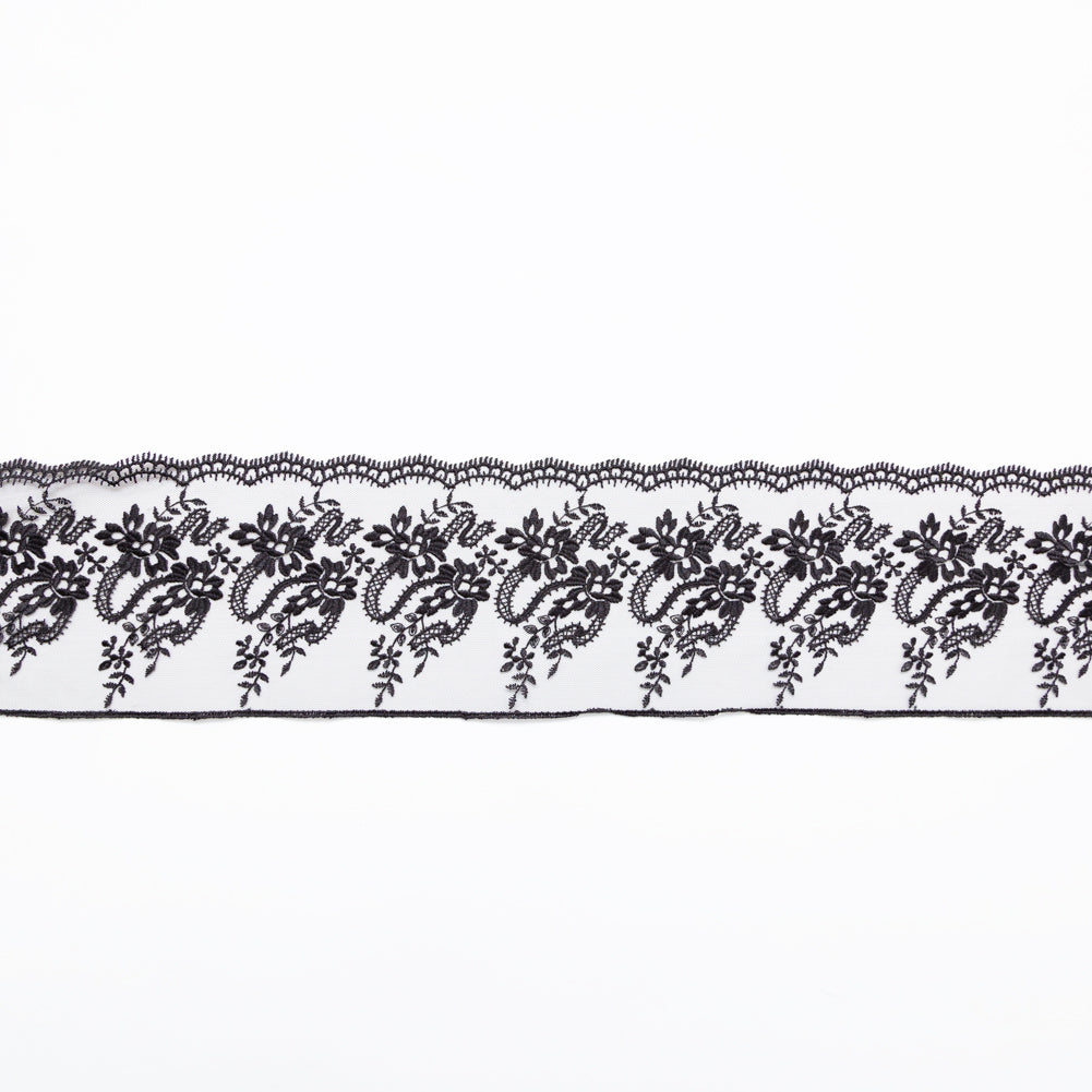 European Black Floral Embroidered Lace on Mesh - 4" European Black Floral Embroidered Lace on Mesh - 4"