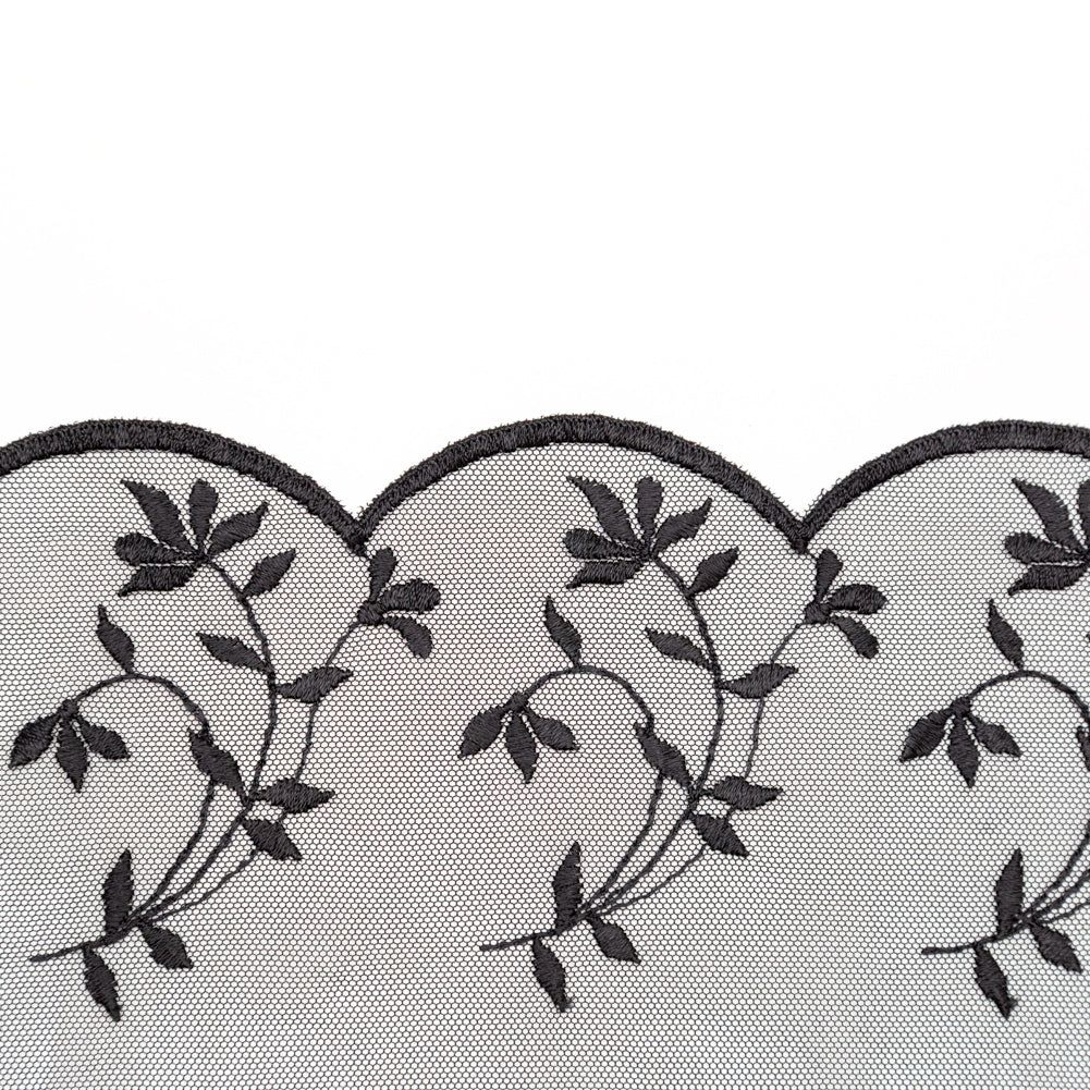 European Black Scalloped Embroidery Lace on Mesh - 5.5" Detail European Black Scalloped Embroidery Lace on Mesh - 5.5" Detail