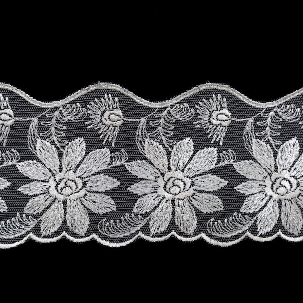 European White Floral Scalloped Embroidery Lace on Mesh - 3.375" Detail European White Floral Scalloped Embroidery Lace on Mesh - 3.375" Detail