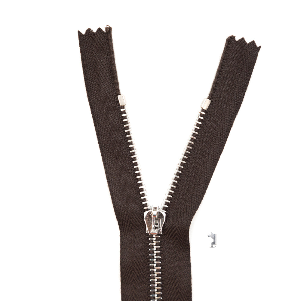 Mood Exclusive Italian Brown and Silver T3 Closed End Metal Zipper - 9" Mood Exclusive Italian Brown and Silver T3 Closed End Metal Zipper - 9"