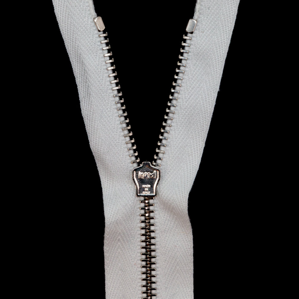 Mood Exclusive Italian White and Silver T3 Closed End Metal Zipper - 9" Detail Mood Exclusive Italian White and Silver T3 Closed End Metal Zipper - 9" Detail