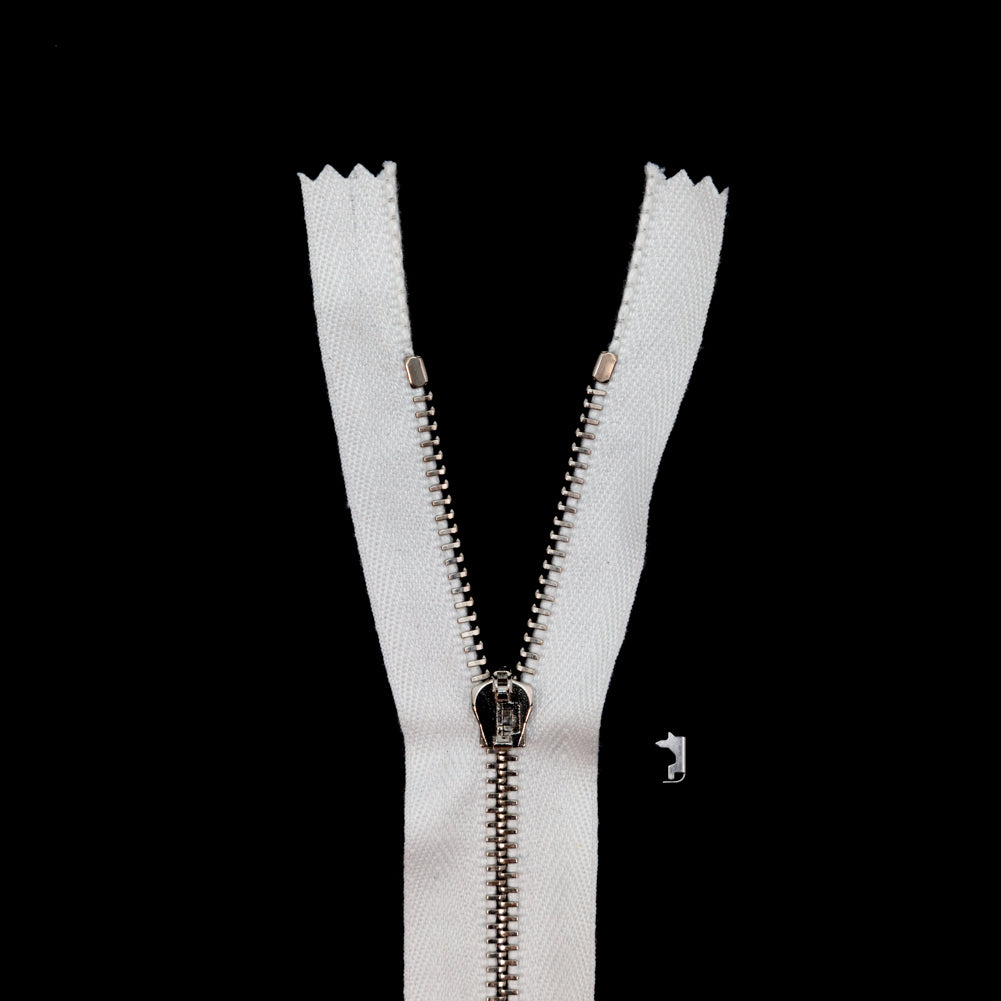 Mood Exclusive Italian White and Silver T3 Closed End Metal Zipper - 9" Mood Exclusive Italian White and Silver T3 Closed End Metal Zipper - 9"