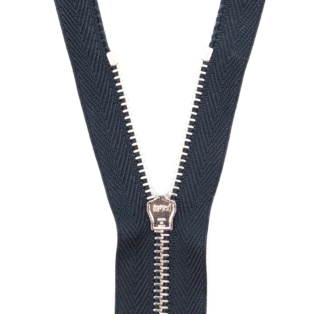 Mood Exclusive Italian Navy and Silver T3 Open End Metal Zipper - 27.5" Detail Mood Exclusive Italian Navy and Silver T3 Open End Metal Zipper - 27.5" Detail