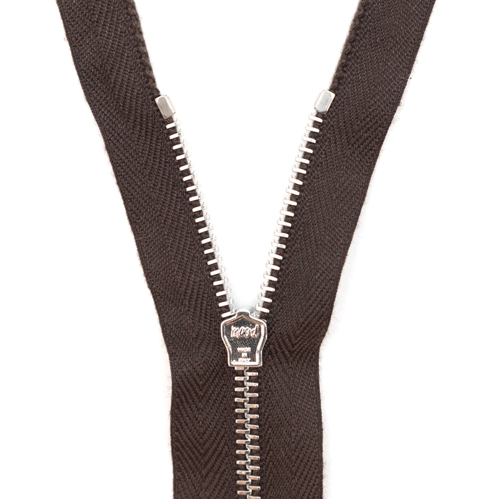 Mood Exclusive Italian Brown and Silver T3 Open End Metal Zipper - 27.5" Detail Mood Exclusive Italian Brown and Silver T3 Open End Metal Zipper - 27.5" Detail