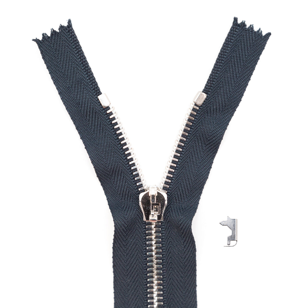 Mood Exclusive Italian Navy and Silver T5 Closed End Metal Zipper - 9" Mood Exclusive Italian Navy and Silver T5 Closed End Metal Zipper - 9"