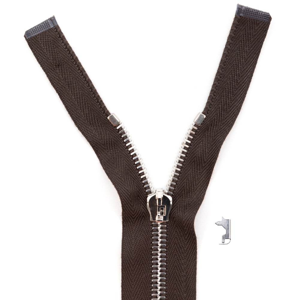 Mood Exclusive Italian Brown and Silver T5 Open End Metal Zipper - 27.5" Mood Exclusive Italian Brown and Silver T5 Open End Metal Zipper - 27.5"