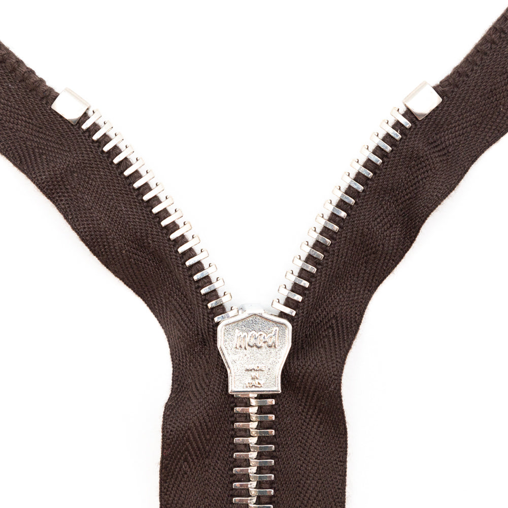 Mood Exclusive Italian Brown and Silver T8 Closed End Metal Zipper - 9" Detail Mood Exclusive Italian Brown and Silver T8 Closed End Metal Zipper - 9" Detail
