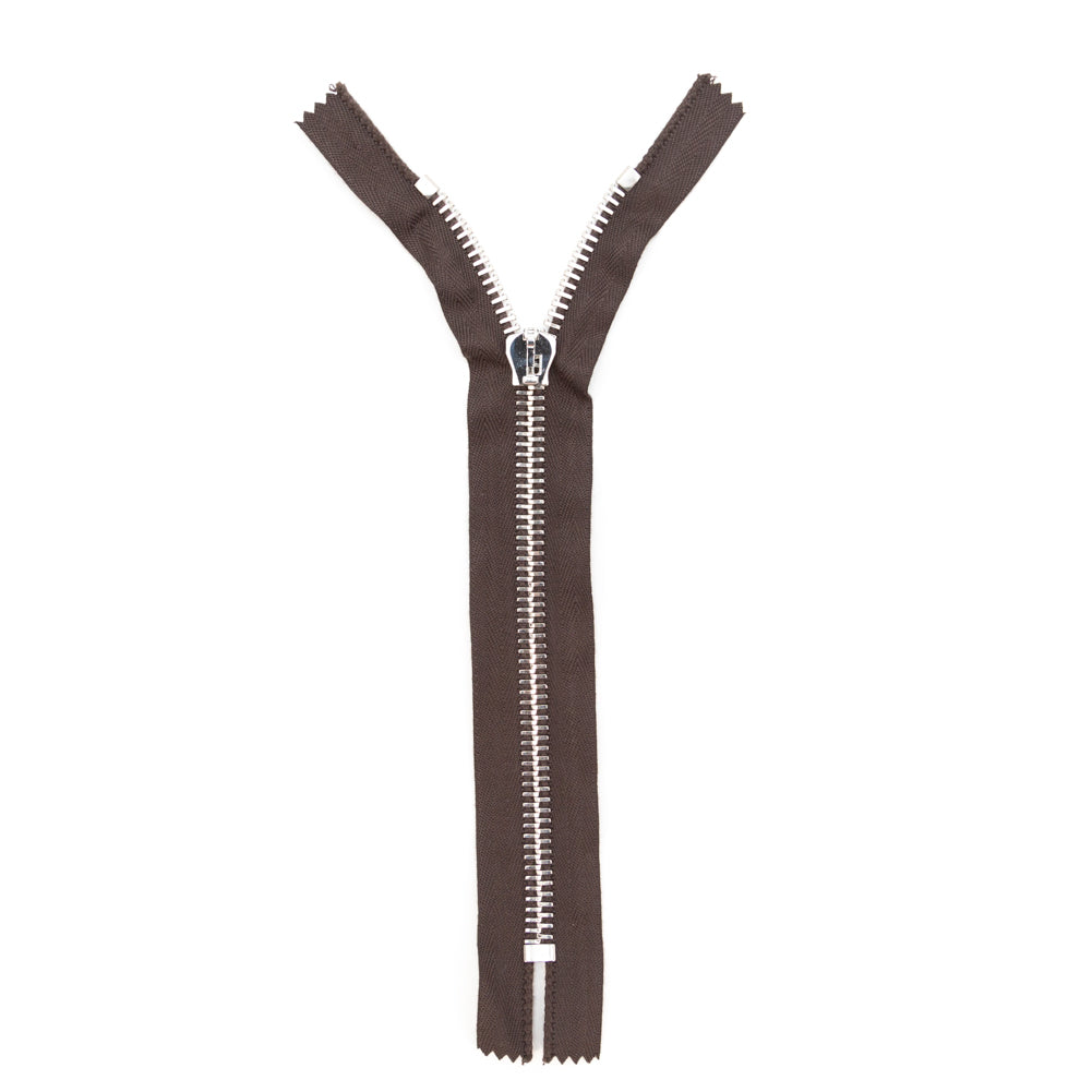 Mood Exclusive Italian Brown and Silver T8 Closed End Metal Zipper - 9" Full Mood Exclusive Italian Brown and Silver T8 Closed End Metal Zipper - 9" Full