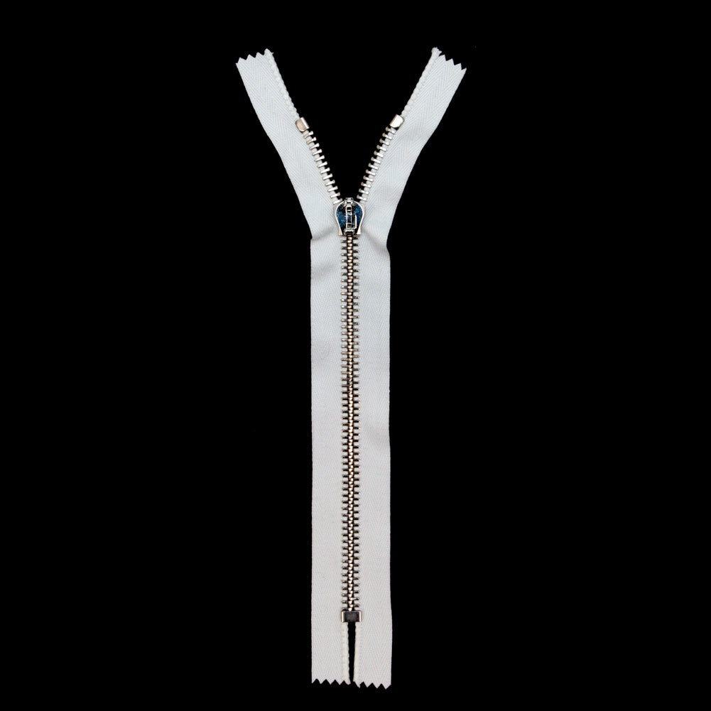 Mood Exclusive Italian White and Silver T8 Closed End Metal Zipper - 9" Full Mood Exclusive Italian White and Silver T8 Closed End Metal Zipper - 9" Full
